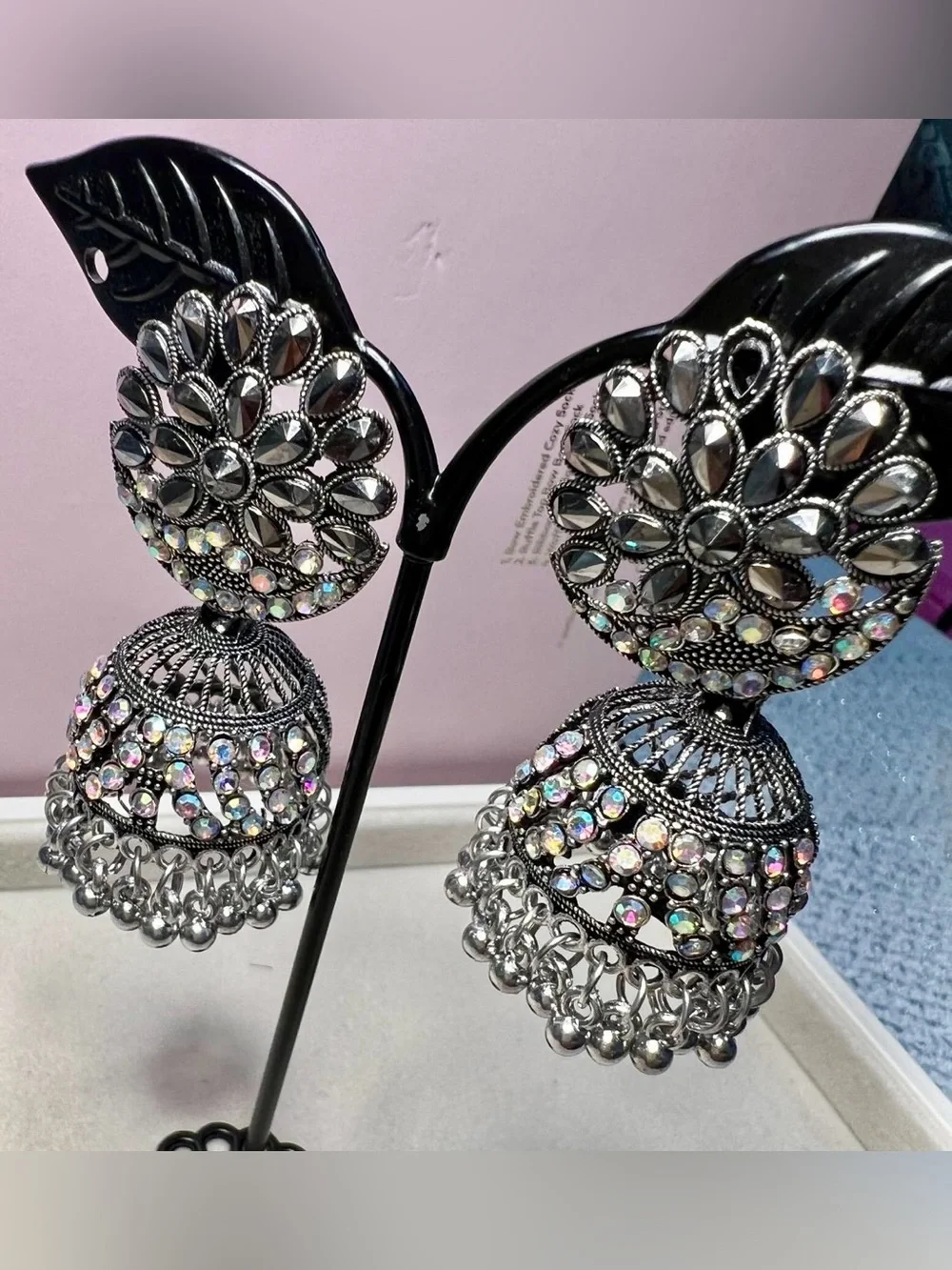 Silver Jhumka Earrings with Iridescent Crystal Accents